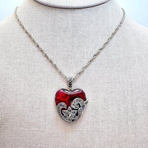 Sterling Silver 925 Floral Marcasite Red Glass Heart Pendant Necklace 18" Length